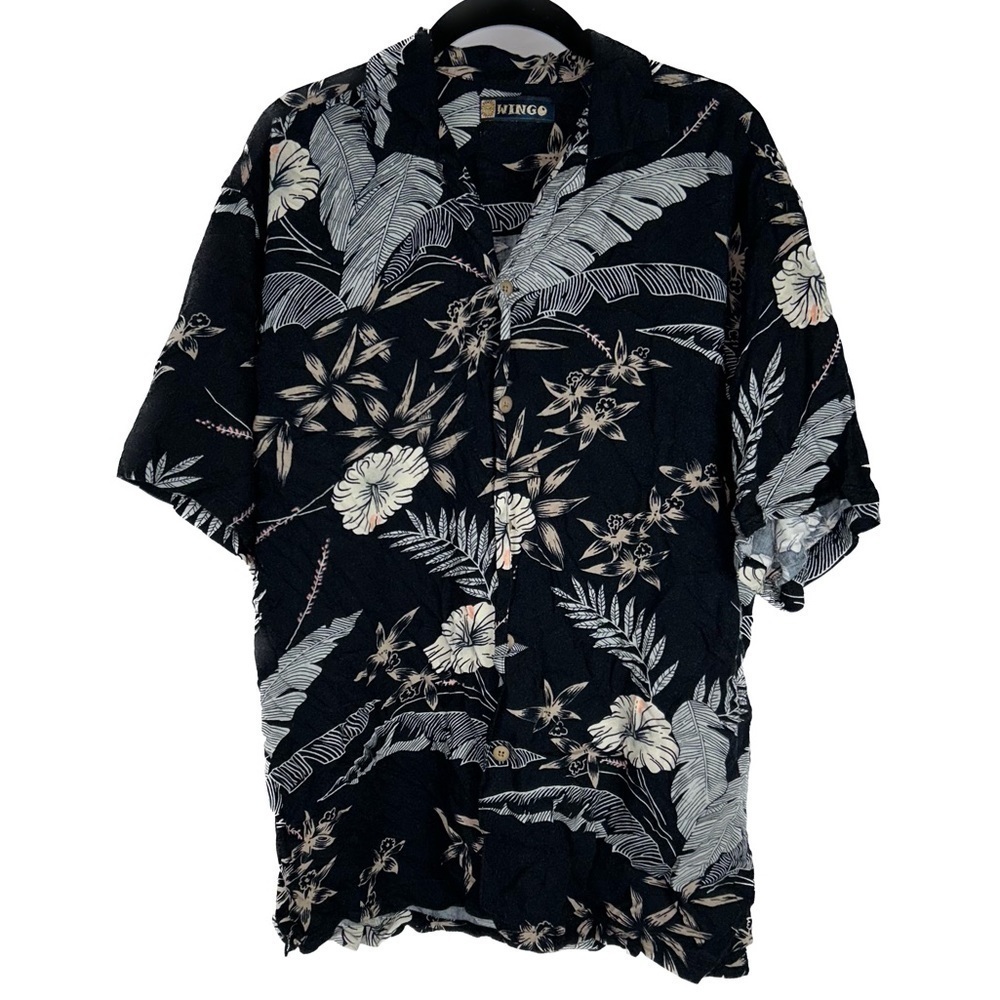 Wingo Shirt Hawaiian Tropical Palm tree floral Short sleeve button up Top 90's L